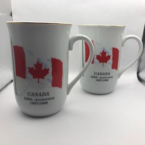 VINTAGE Canada 125th Anniversary Coffee Tea Mug Set of 2 Villeta Flag